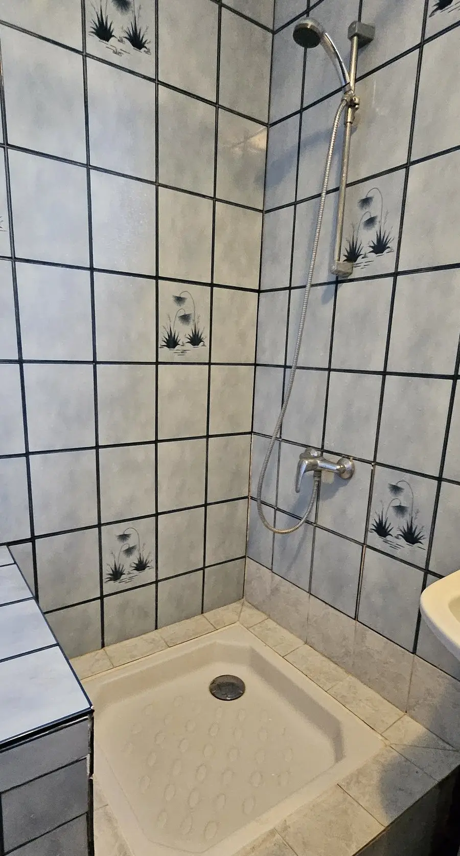 Ancienne douche d’angle à Saint-Denis, receveur sur estrade carrelée et faïence à motifs.