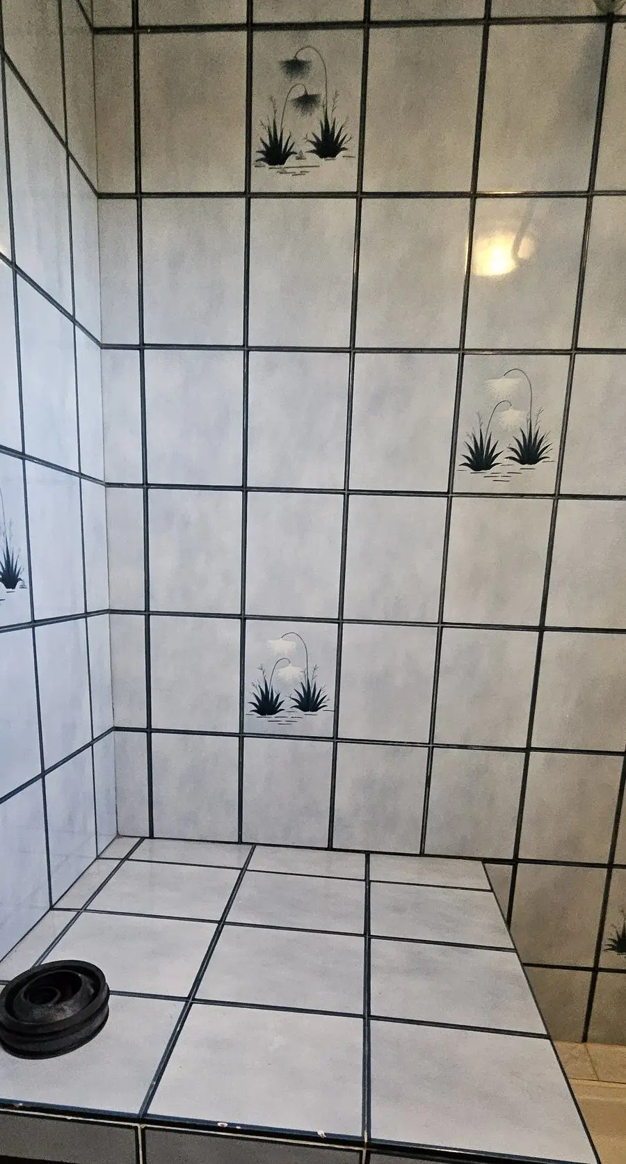 Avant travaux : estrade carrelée avec siphon de sol apparent et faïence murale à motifs, dans la salle de bain de Saint-Denis.